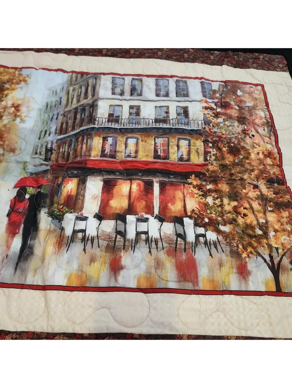 New Beautiful Handcrafted Autumn-Themed Quilt with Parisian Street Scene
